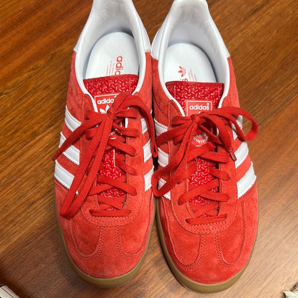 adidas Women's Red Suede Sneakers with White Stripes